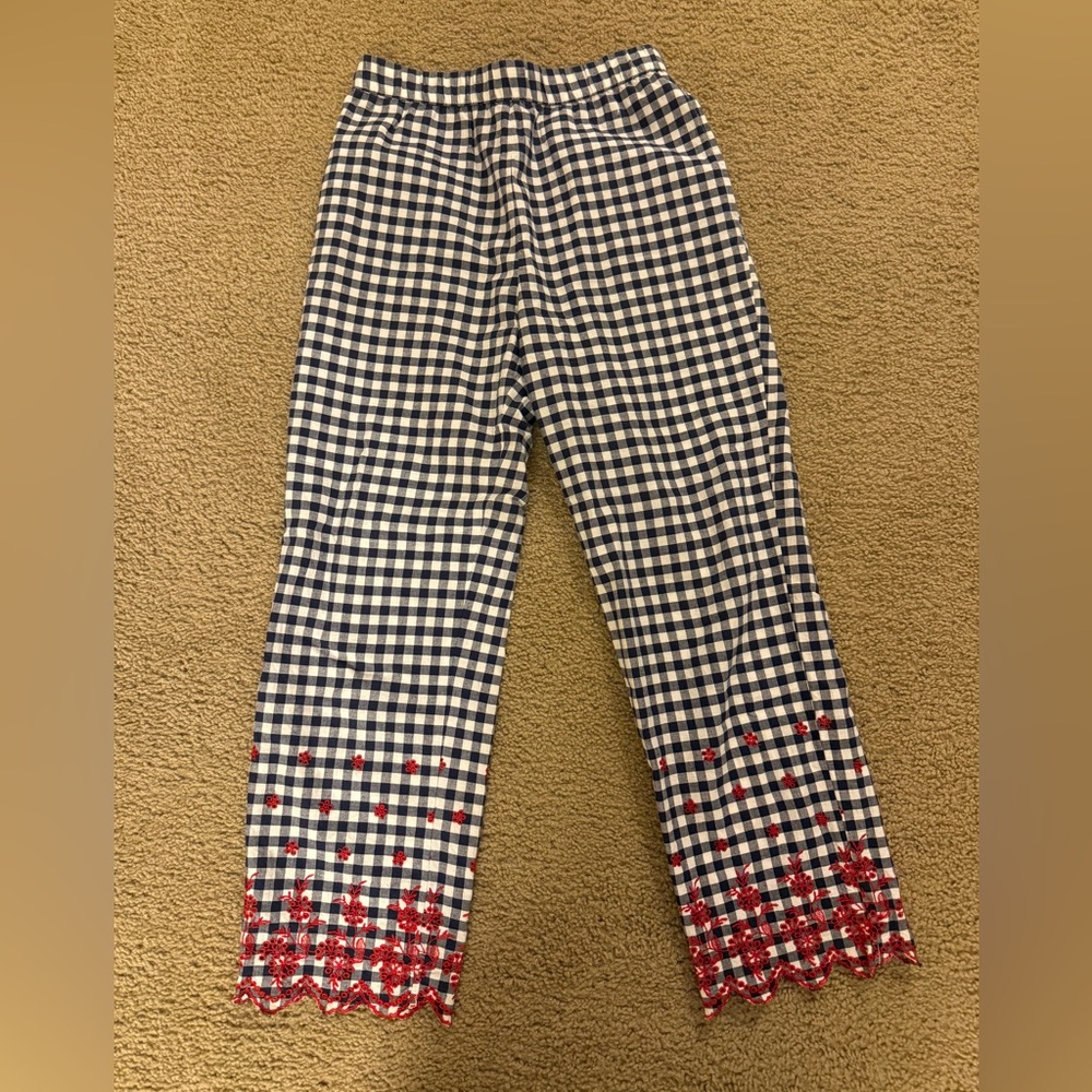 Zara Blue and White Checkered Wide Leg Pants with Red Floral Hem